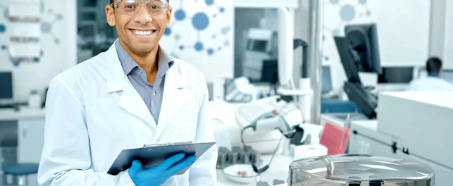 Chemistry is his passion. Handsome young African male scientist wearing protective glasses smiling happily holding his clipboard working at the lab professionalism occupation job people copyspace